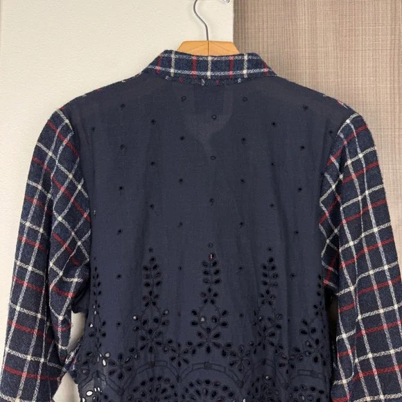 Sea New York‎ Navy Wool Plaid Peekaboo Shirt with Eyelet Back - Picture 9 of 13